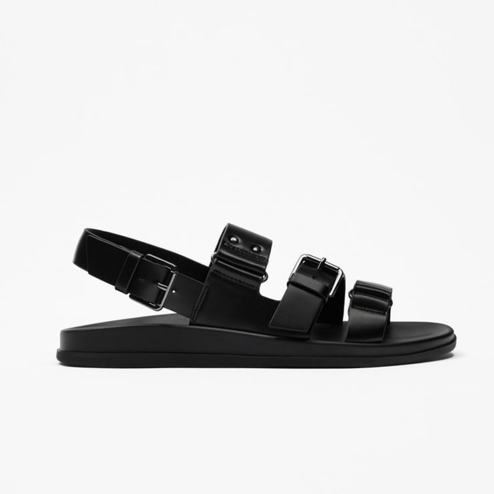 NWT. Zara Man Black Faux Leather Strapped Sandals. Size 8.